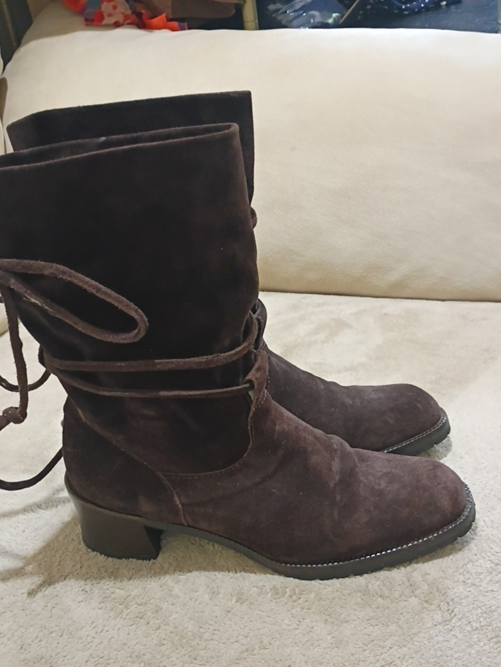 Joan & David   suede wrap-around tie boots. These handmade mid-calf boots